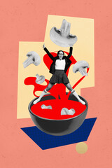 3d pop image vertical art collage of happy girl chef cook soup tomato liquid mushroom ingredient...