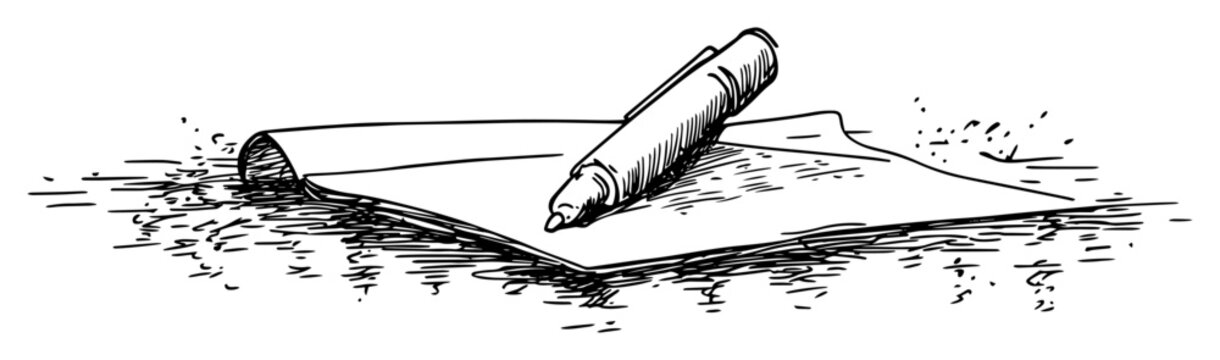 pen and blank paper sheet hand drawn sketch vector illustration