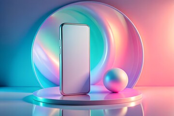 A smartphone stands on a platform with a sphere and colorful backdrop
