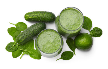 Tasty spinach smoothie and ingredients isolated on white, top view