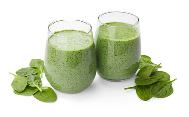 Tasty smoothie and spinach leaves isolated on white