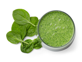 Tasty smoothie and spinach leaves isolated on white, top view