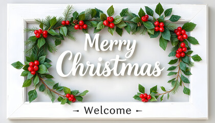 Merry Christmas cedar fir, winter holly berry, mistletoe, ivy leaf green wreath on white wooden frame border. Natural traditional nature welcome sign design. With text, flat papercut style. White to
