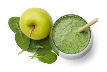 Tasty spinach smoothie and ingredients isolated on white, top view