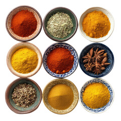 Assorted Spices in Bowls - A high-resolution arrangement of colorful spices in small bowls on transparent background

