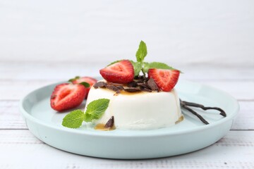 Tasty panna cotta with chocolate, strawberries, mint, caramel and vanilla pods on white wooden table, closeup