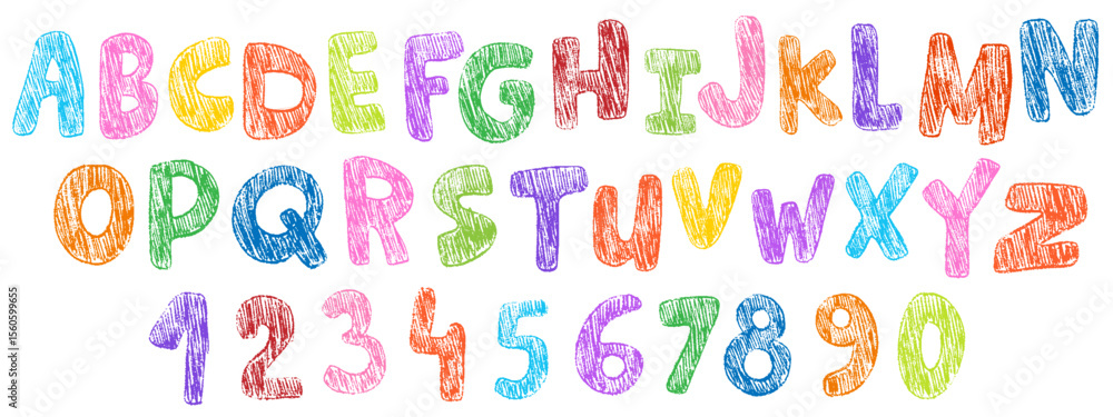 Fototapete crayon colorful kids alphabet, doodle funny playful font. hand drawn scribble kid typescript numbers