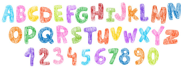 Crayon colorful kids alphabet, doodle funny playful font. Hand drawn scribble kid typescript numbers. School wax crayon abc cute kindergarten handwriting playful letters, digits. Pencil children font.