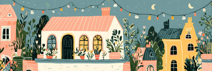 Friends gather on a city rooftop for a joyful get together, surrounded by lush plants and decorative lights under a serene sky. Laughter and companionship fill the air