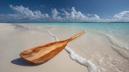 Beautiful wooden paddle resting on soft sandy beach near turquoise water under a blue sky with fluffy clouds