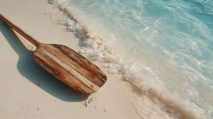Wooden paddle resting on sandy beach near gentle waves under bright sky