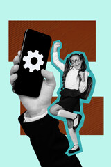 Banner image artwork exclusive collage of happy preteen schoolgirl stand hand hold phone gearwheel...