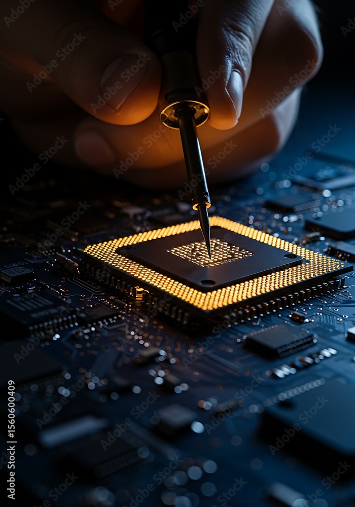 Poster close up of microchip technology and electronics engineering innovation