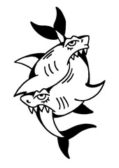 Two aggressive sharks illustration, stylized and fierce