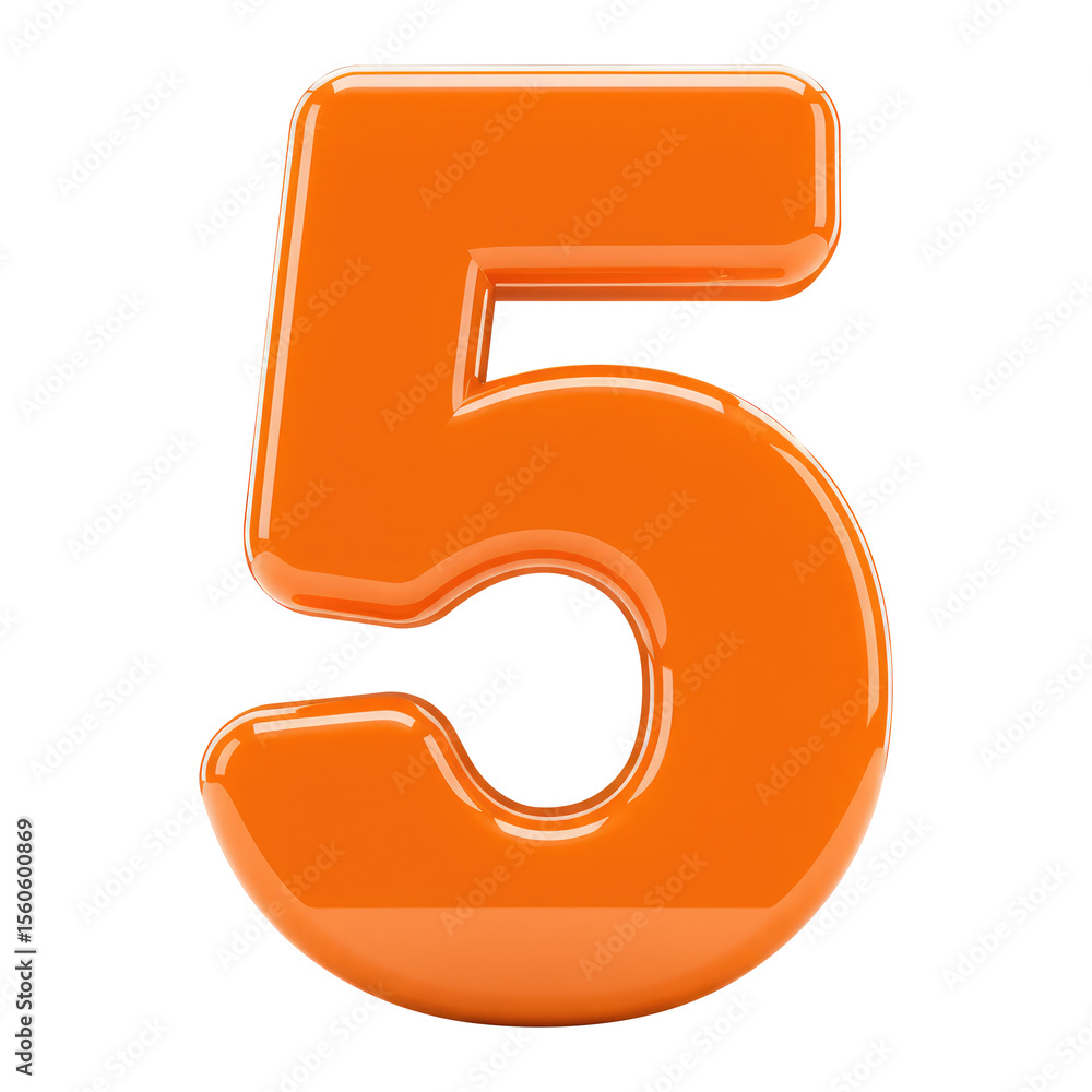 Aufkleber a 3d shiny orange number or digit five, glossy render of the number 5, 3d font for educational use. 