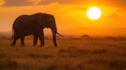 Naklejka premium African Elephant Herd Silhouetted Against Golden Savanna Sunset, Majestic Wildlife Scene with Acacia Trees and Dust Haze in Serengeti Landscape, Empty Horizon Space