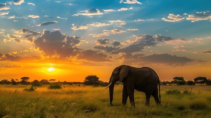 African Elephant Herd Silhouetted Against Golden Savanna Sunset, Majestic Wildlife Scene with Acacia Trees and Dust Haze in Serengeti Landscape, Empty Horizon Space