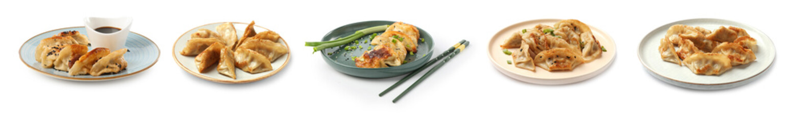 Tasty fried gyoza (dumplings) on white background, collage