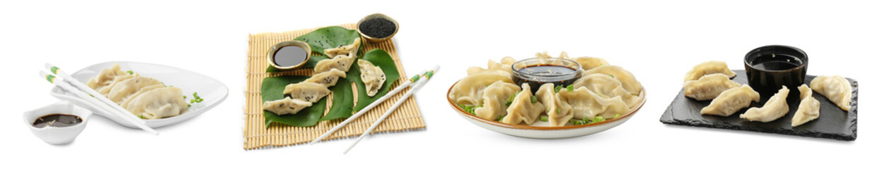 Tasty boiled gyoza (dumplings) on white background, set