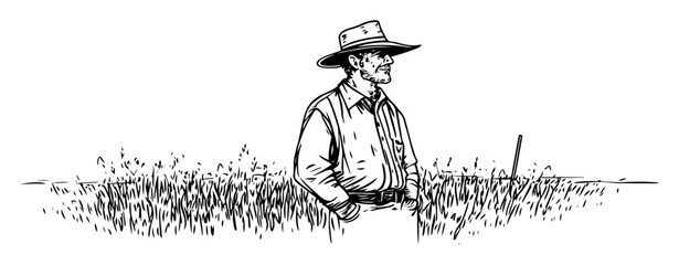 farmer in hat standing in a wheat field sketch © Kaz