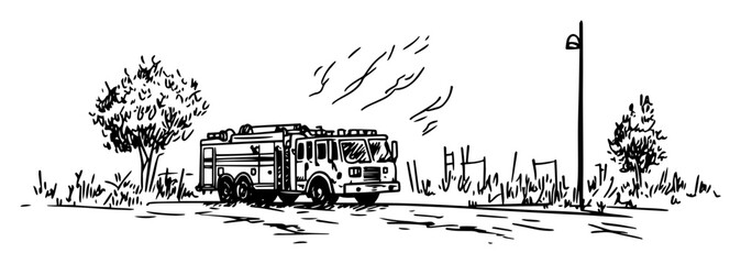 fire truck at an emergency scene with smoke hand drawn vector