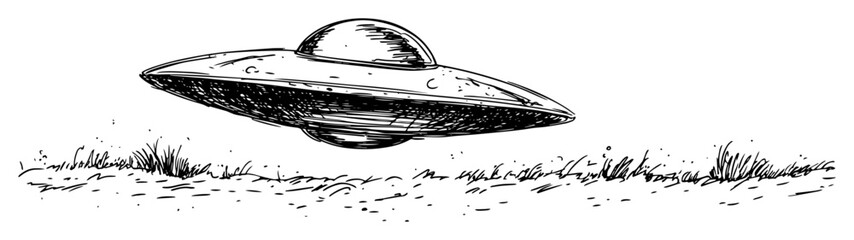 ufo flying saucer hovering over landscape sketch