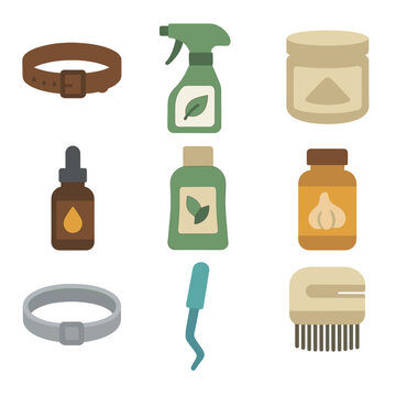 Natural Pest Control Icons. Flat icon set of natural flea & tick control: cedar collar, neem spray, diatomaceous earth jar,