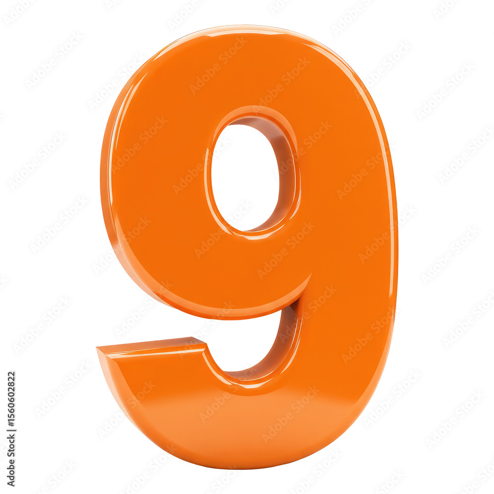 Poster a 3d shiny orange number or digit nine, glossy render of the number 9, 3d font for educational use. 