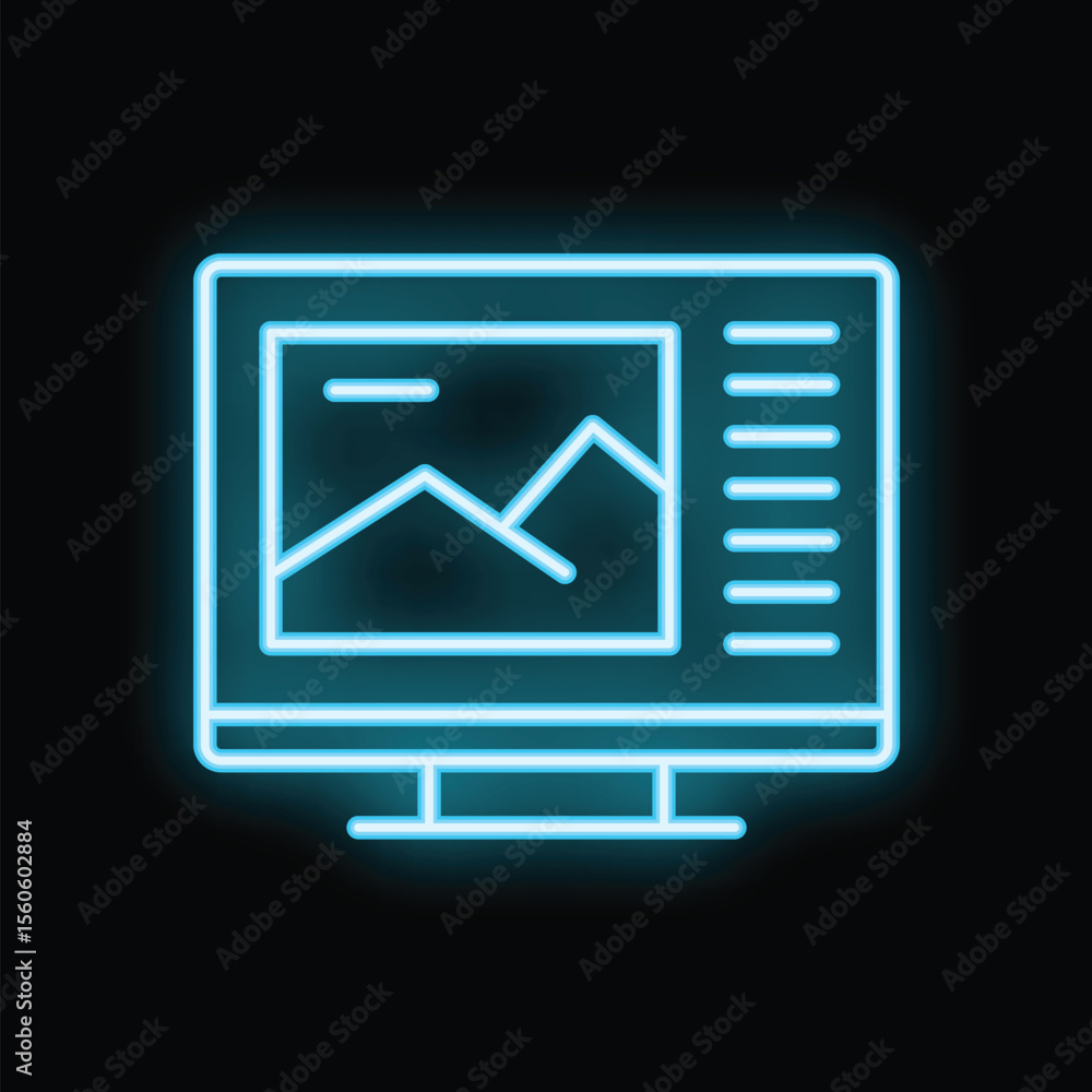 Poster blue neon icon of a computer displaying image editing software interface on a black background