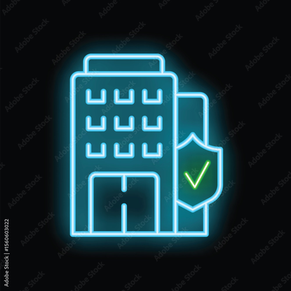 Poster glowing neon icon of a building being secured with a check mark shield, ideal for security and safet