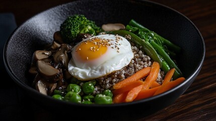 cooked buckwheat topped with a fried  egg and sesame seeds, surrounded by an assortment of steamed vegetables