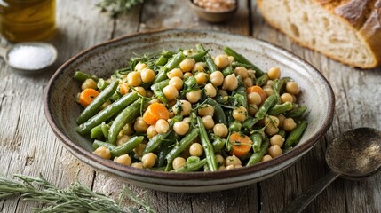 salad made with chickpeas, fresh green beans, and sliced carrots, tossed with herbs and a light dressing