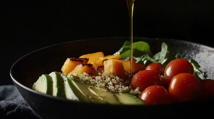 A black bowl with quinoa, spinach leaves, avocado slices, roasted pumpkin cubes and tomatoes