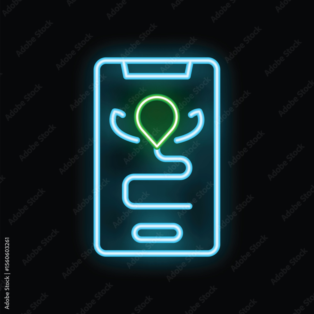 Poster neon sign of a smartphone displaying a gps route with a location pin, perfect for travel and technol
