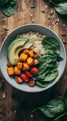A bowl with quinoa, spinach leaves, avocado slices, roasted pumpkin cubes and tomatoes on a wooden table