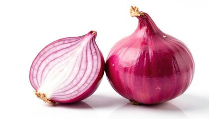 Two red onions, close-up, contrasting textures, pure white backdrop, cooking, healthy eating