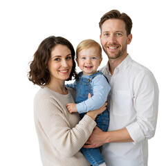 Happy family of three smiling at the camera, isolated transparent background, PNG