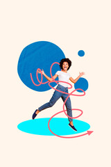Collage of funny person navigating tangled lines symbolizing confusion challenge complexity business mental struggle