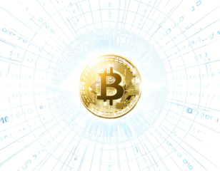 Abstract Bitcoin Concept with Light Rays, Binary Code, and Transparent Globe Layers, Isolated PNG