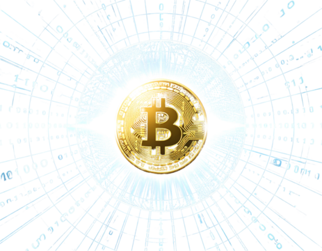 Abstract Bitcoin Concept with Light Rays, Binary Code, and Transparent Globe Layers, Isolated PNG