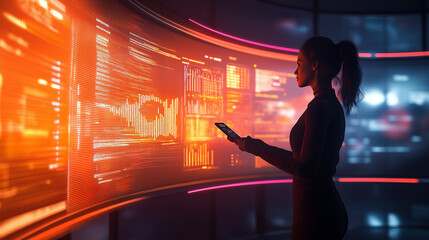 Confident female entrepreneur analyzes AI-driven data visualization in modern office