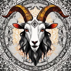 Mystical portrait of a goat spirit animal against a sacred geometry mandala.
