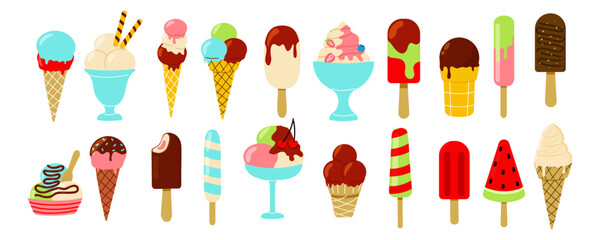 Colorful array of ice cream treats displayed in various styles and flavors
