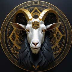 Mystical portrait of a goat spirit animal against a sacred geometry mandala.