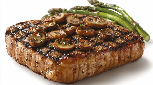 Grilled steak topped with mushrooms and asparagus, ready to be enjoyed as dinner