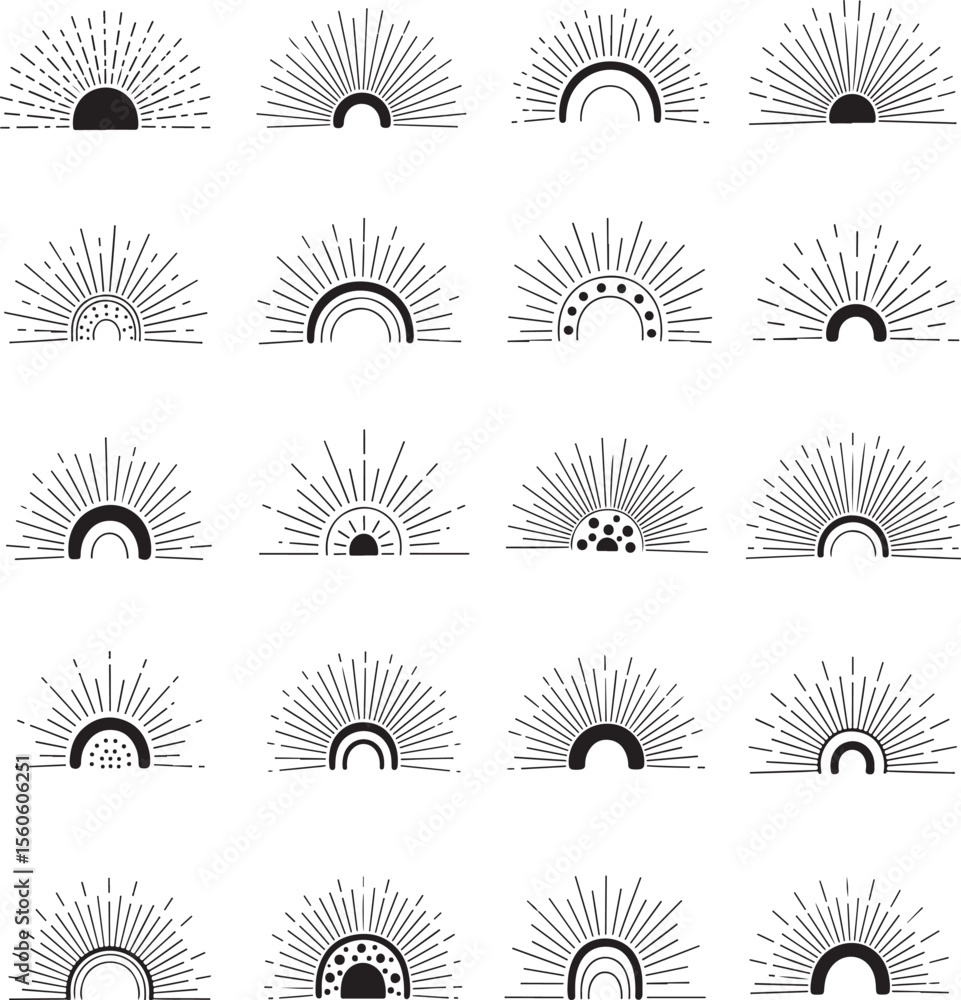 Poster sunburst rainbow motifs with radiating lines and decorative elements vector