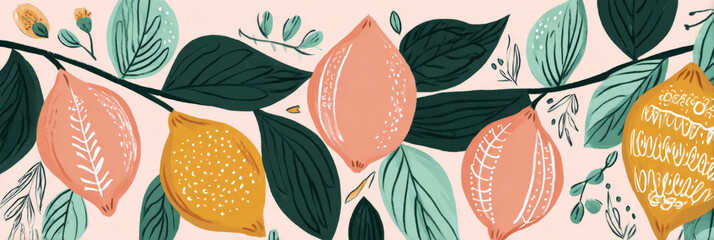 Brightly colored ripe lemons rest among green leaves against a gentle pastel backdrop, evoking a fresh summer atmosphere perfect for culinary inspiration and home decor, banner