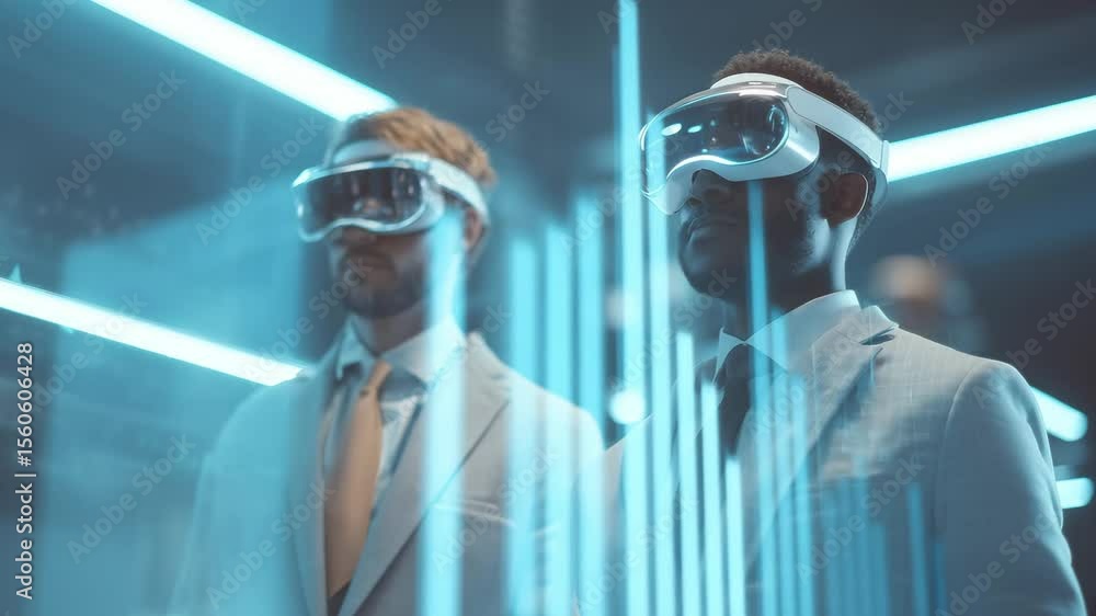 Poster two professionals in suits engage with advanced virtual reality tools while presenting data analytic