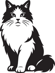 Fluffy sitting cat black and white drawing, Cute pet vector art for animal lovers