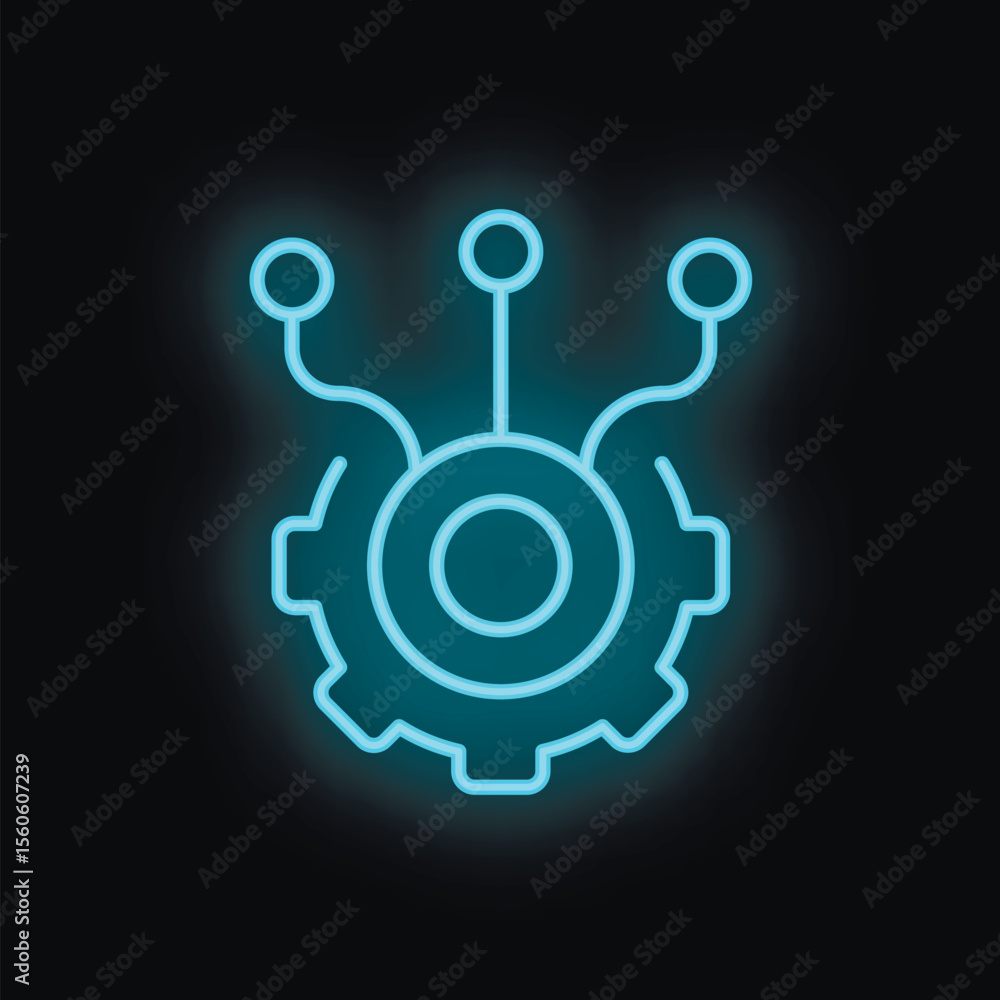 Poster neon blue icon glowing on a black background representing the concept of automation process with a g